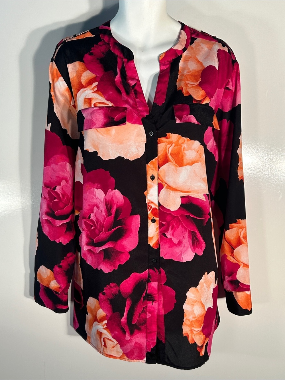 Calvin Klein SZ3X Black & Pink Floral Button-Up Blouse Modern Career Tunic Roses